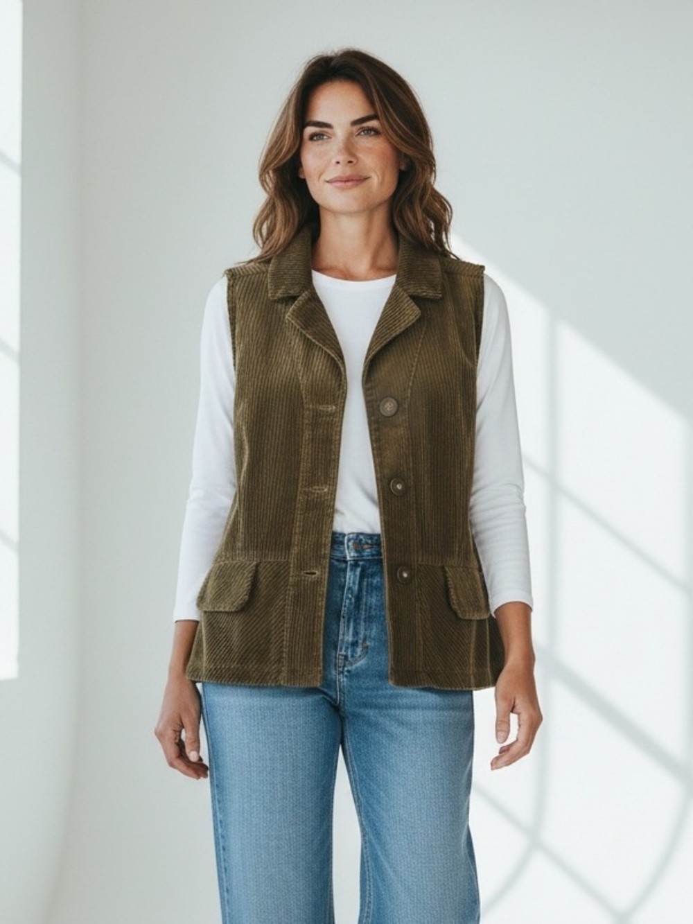 Vintage Christopher & Banks Olive Corduroy Button-Front Vest Jacket